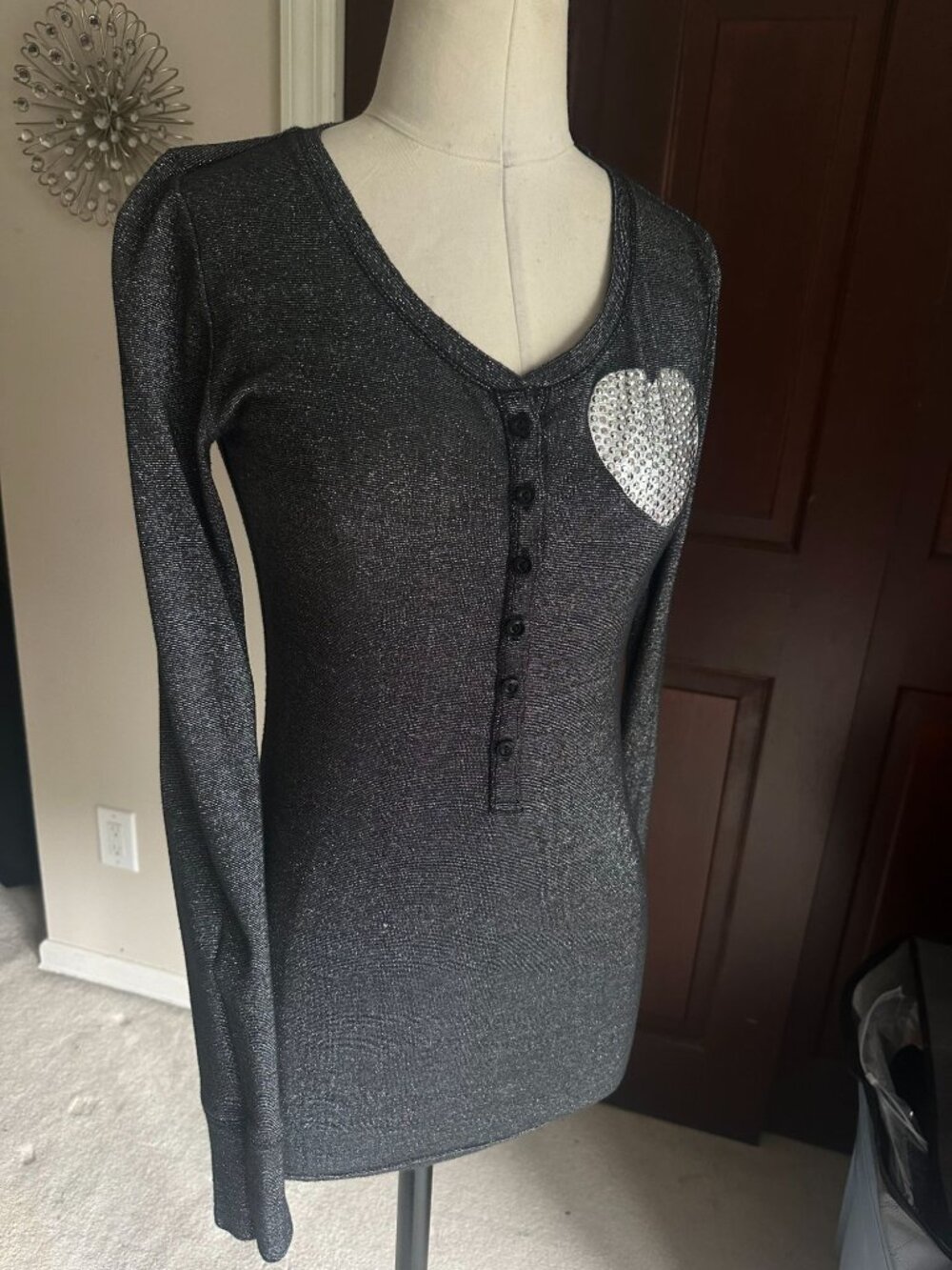 Victoria's Secret PINK black metallic Henley top rhinestone heart logo